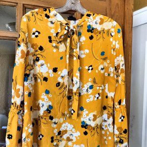 yellow floral, tie neck top with bell sleeves